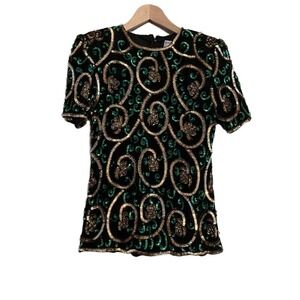 Papell Boutique Women's 100% Silk Sequin Beaded Blouse Gold Green Art Deco S